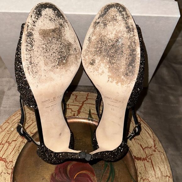 Jimmy Choo 11/41 Emily 85 Bronze Mix Midnight Coarse Glitter Heels Sandals - Picture 12 of 17